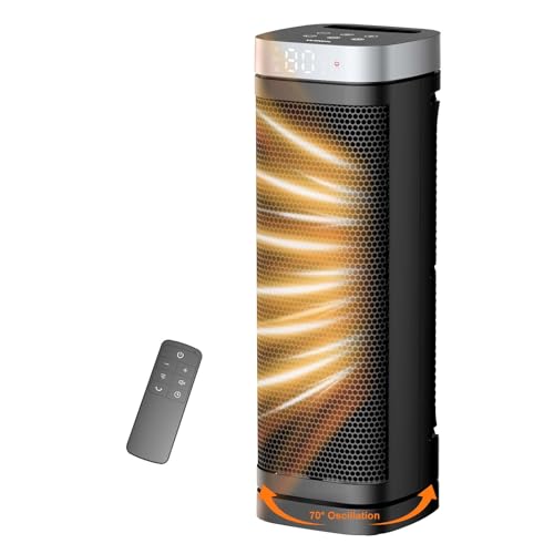 Space Heater, WINHL 17 Inches elektrische kachels voor gebruik binnenshuis met thermostaat en afstandsbediening, 70° oscillatie, 12-uurs timer, 5 modi, 1500W PTC keramische snelle veiligheidswarmte voor kantoor, slaapkamer, thuis