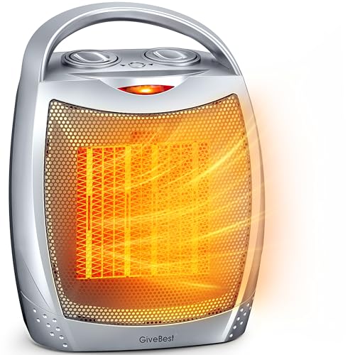 GiveBest Portable Electric Space Heater met thermostaat, 1500W/750W veilige en stille keramische heater fan, verwarmt tot 200 vierkante voet voor kantoor, kamer, bureau, gebruik binnenshuis, zilver