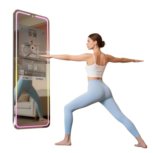 RIXZSIW Smart Gym Mirror for Home Workout | 32" HD Touch-Screen Andriod OS | 63" Reflective Surface | No VIP Fees Support Various APPs, Music Sync LED Light Strip, for Home Gym/Yoga/Dance