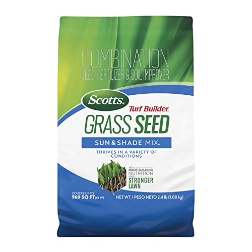 Scotts Turf Builder Grass Seed Sun and Shade Mix - Grass Seed Plus Lawn Fertilizer and Soil Improver, dekt tot 960 sq. ft., 2.4 lb.