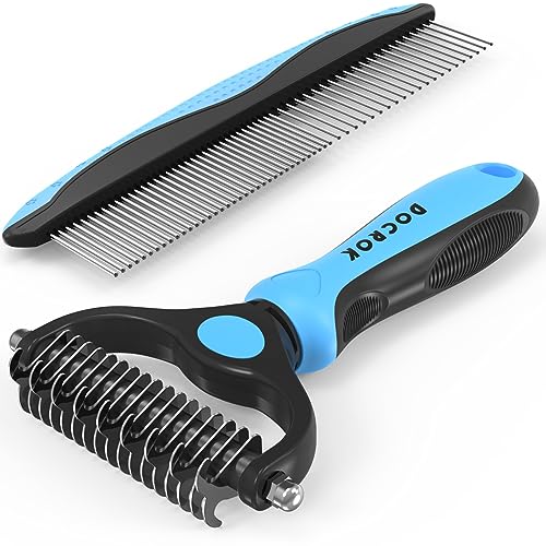 Docrok Pet Grooming Combo - Blauwe deshedding borstel met metalen kam voor ontklitten en dematten van lange, geklitte vacht bij katten en honden