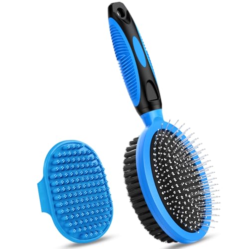 2PCS Pet Grooming Tools - Dubbelzijdige borstel voor verharen en wassen, geschikt voor kortharige/langharige honden, katten en paarden, deshedding hondenborstel, manen- & staartkammen voor paarden - huisdierbenodigdheden (blauw)