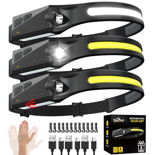 Rechargeable Headlamp 3PCS, 230° Wide Beam, Motion Sensor LED Headlamp Rechargeable, 5Mode Bright Headlamps for Adults, Head Lights for Forehead, Hard Hat Headlight, Camping Essentials Gear