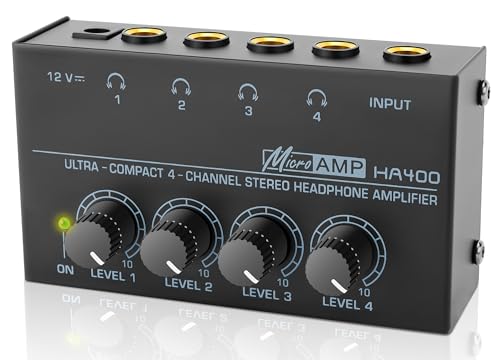 HA400 Headphone Amplifier -4 Channel Metal Stereo Audio Amplifier, Mini Earphone Audio Amplifier with 12V 1A Power Adapter, 1/4" TRS Headphones Output and TRS Audio Input for PC Guitar Studio Stage
