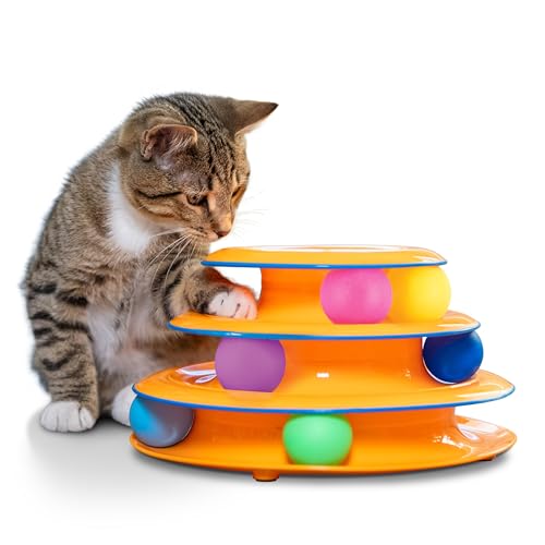 Catstages Tower of Tracks Cat Toy – 3-laagse toren met rails en 6 ballen, interactief kattenspeeltje voor verrijking binnenshuis