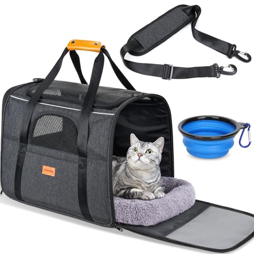 Morpilot Cat Carrier - weiche Katzen-Transportbox für mittelgroße oder große Katzen bis 20lbs, mit beidseitigem Kissen, sicherer Schnalle und faltbarem Napf, Hundetransport für kleine Hunde - Haustier-Transportbox (Dark Gray)
