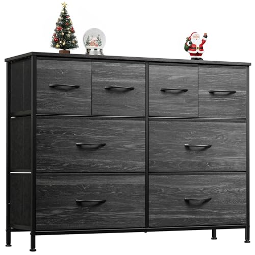 WLIVE Dresser for Bedroom with 8 Drawers, breite Stoffkommode zur Aufbewahrung und Organisation, Schlafzimmer-Kommoden, Schubladenschrank für Wohnzimmer, Kleiderschrank, Flur, Charcoal Black Wood Grain Print