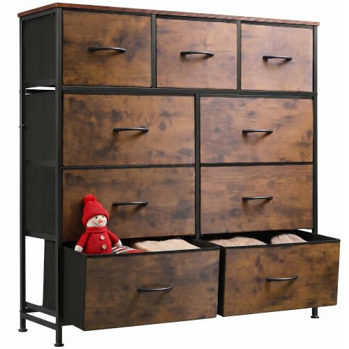 WLIVE 9-Drawer Dresser, Stoff-Stauraumtürme für Schlafzimmer, Flur, Eingangsbereich, Kleiderschrank, hoher Schubladenschrank mit Stoffboxen, Stahlrahmen, Holzoberfläche, leicht zu ziehender Griff, Rustic Brown Wood Grain Print