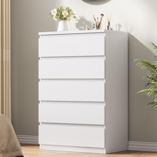 Jocoevol White 5 Drawer Dresser for Bedroom, 15 D x 23.7 W x 40.4 H in Simply Modern Schubladenschrank, Holzkommode mit tiefen Schubladen für Wohnzimmer, Flur, Eingangsbereich, Weiß