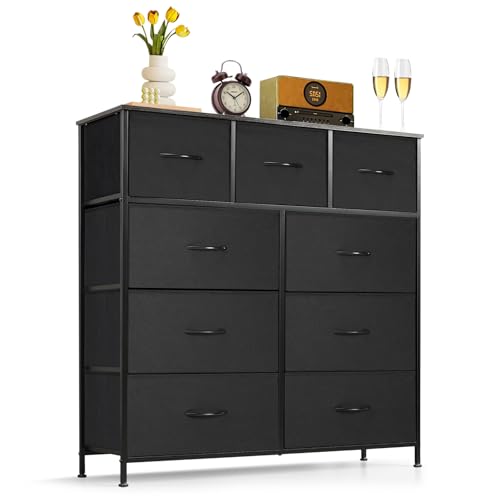9-Drawer Dresser for Bedroom, anti-kantel hoge opbergorganizer ladekast met houten blad en metalen frame stoffen bakken voor kast, woonkamer, gang, entree, zwart