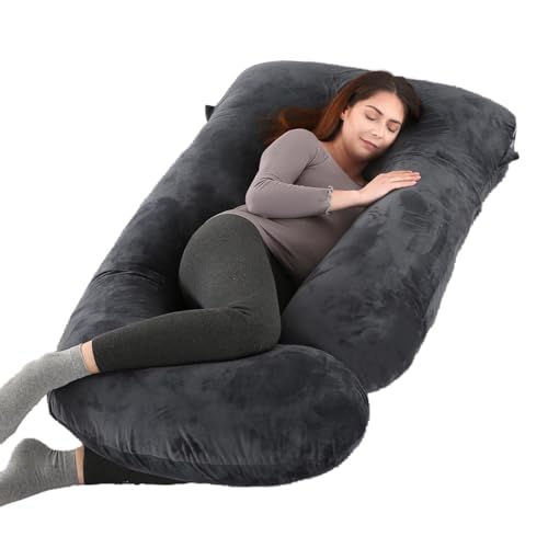 ALLOPERA 57 Inch Pregnancy Pillow om op te slapen, full body support kussen met afneembare wasbare hoes voor zwangerschapscomfort, zwart/grijze fluwelen hoes