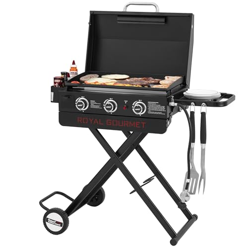 Royal Gourmet PD3001 3-Burner Propane Gas Griddle with Collapsible Stand, 23-Zoll-portables Griddle mit Seitentisch und 314 Sq. In. Kochfläche für Camping, Tailgating, Garten & Terrasse, Schwarz