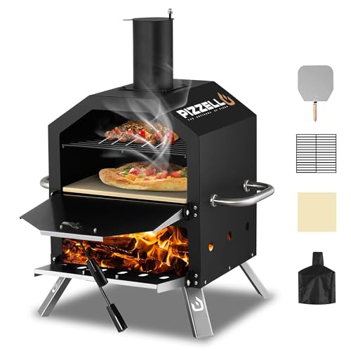 Pizzello Outdoor Pizza Oven Wood Fired 2-Layer Pizza Ovens Outside Pizza Maker mit Stein, Pizzaschaufel, Abdeckung, abnehmbarem Grillrost für Camping, Garten, BBQ (Black)