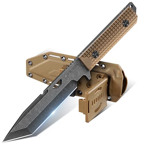 Dragon Creek Tactical Knife Kydex - Outdoor Survival Knife with Sheath D2 Steel Blade G10 Full Tang Handle for Camping Hiking Christmas Thanksgiving Gift Men Brown