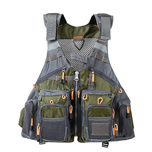 JKSPORTS Fly Fishing Vest Fishing Safety Life Jacket voor zwemmen, zeilen, varen, kajakken, drijven, multifunctionele ademende rugzak voor mannen en vrouwen, kajakvest, zwemvest (Army Green,with Foam)