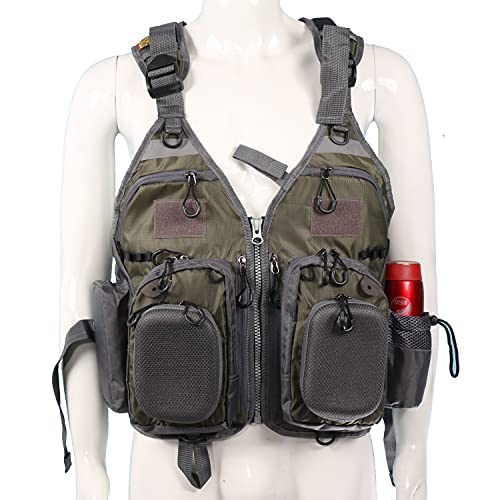 JKSPORTS Fly Fishing Vest Fishing Safety Life Jacket für Schwimmen, Segeln, Bootfahren, Kajak, Floating, Multifunction Breathable Backpack für Männer und Frauen, Kajak-Weste, Schwimmweste (Green and Gray, with Foam)
