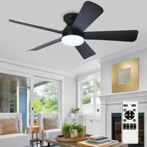 Depuley Modern Ceiling Fan with Light: 42-Inch Black Small Fans voor slaapkamer binnen buiten - dimbare low-profile plafondventilatoren met afstandsbediening, flush-mount, 5 omkeerbare zwarte bladen, 6 snelheden, timer