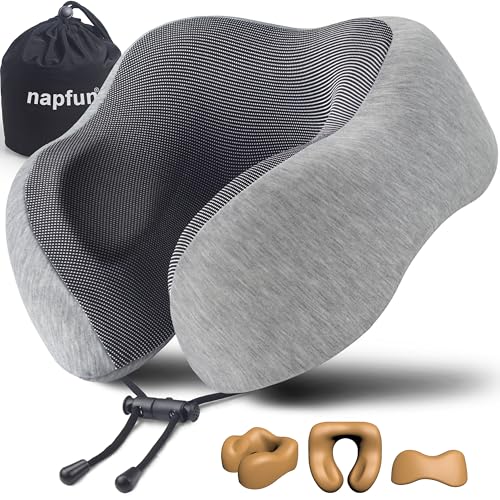 napfun Neck Pillow for Traveling, verbessertes Reise-Nackenkissen für Flugzeuge, 100% reines Memory Foam-Reisekissen für Schlaf im Flugzeugsitz, tragbares Flugzeugzubehör, Hellgrau