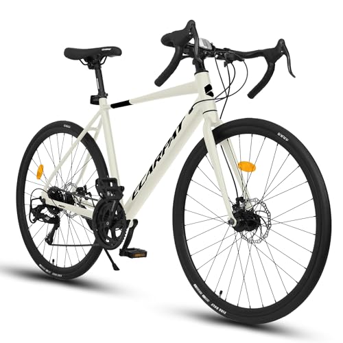 Road Bike, 700C Wheel City Commuter Bicycle, 16 Speed Drop Bar, Fast Acceleration, Racing Bike with Disc Brakes, with Light Weight Aluminum Alloy Frame, Sport Bike, Urban Adult Bicycle (Cream)