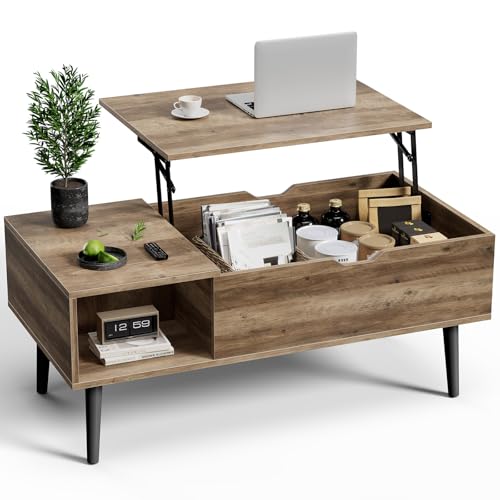 OLIXIS Wooden Coffee Table, lift-top salontafel met groot verborgen compartiment en ruime opbergplank, lift-tafelblad eettafel voor woonkamer, thuis kleine ruimte, grijs