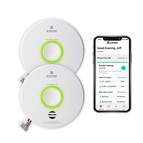 Kidde Smart Smoke Detector & Indoor Air, Quality Monitor, WiFi, Alexa Compatible Device, Hardwired w/Battery Backup, Voice & App Alerts, 2 Pack