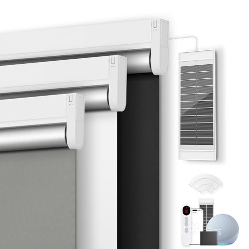 Motorized Blackout Smart Roller Blinds with Remote Control & Solar Panel - Automatic Electric Shades for Windows, Compatible with Alexa - White,34 W*72 H