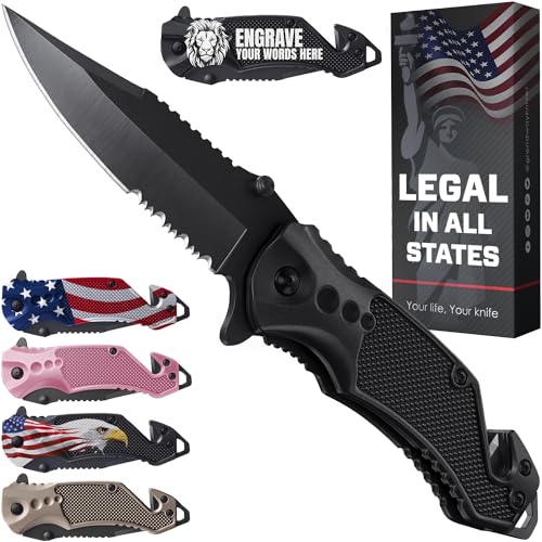 Legal Pocket Knife with 2.95” Serrated Blade, Glasbrecher, Gurtschneider - scharfes EDC-Klappmesser mit Taschenclip - kleines Werkzeug für taktisches Camping, Survival, Wandern - Geschenke für Männer 6680
