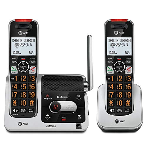 AT&T BL102-2 DECT 6.0 2-Mobilteil-Schnurlostelefon für Zuhause mit Anrufbeantworter, Anrufsperre, Ansage der Anrufer-ID, Audio Assist, Gegensprechanlage und hervorragender Reichweite, Silber/Schwarz