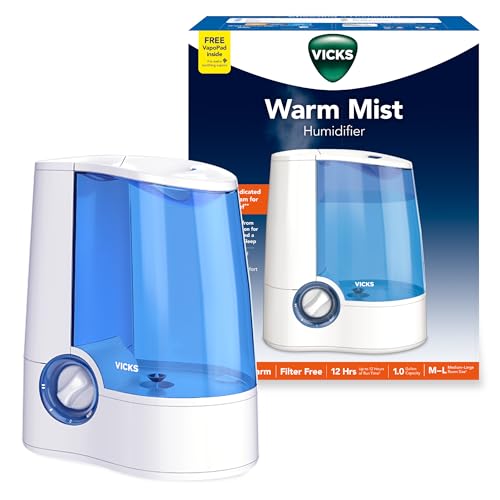 Vicks Warm Mist Humidifier Filter-Free 1-Gal Tank, Auto Shut-Off, Night Light, VapoPad and VapoSteam Compatible
