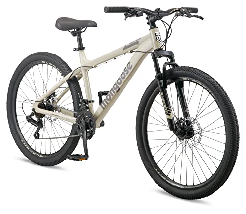 Mongoose Grafton Mountain Bike, bicicleta de 26 Inch para hombres y mujeres, 21 velocidades, cuadro de aluminio, neumáticos de montaña con tacos, horquilla de suspensión, cambios de gatillo, frenos de disco mecánicos, bicicleta para adultos