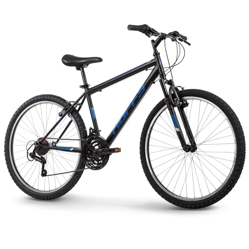 Huffy Stone Mountain Mens 26 Inch Mountain Bike, cuadro negro mate, cambio giratorio Shimano de 21 velocidades, suspensión delantera, sillín cómodo | tamaños 20"/24"/26", 6-21 velocidades, suspensión doble disponible |