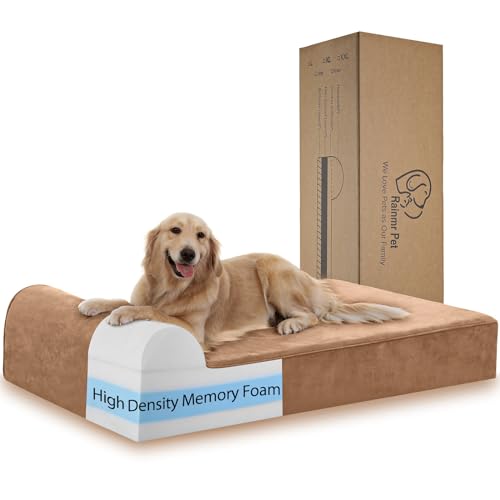 Rainmr Orthopedic Dog Beds for Large Dogs, 7" Memory Foam Dog Beds with Waterproof Liner, Durable Microsuede Cover, Removable and Washable, Nonskid Bottom, 52"x36"x7" XL Khaki