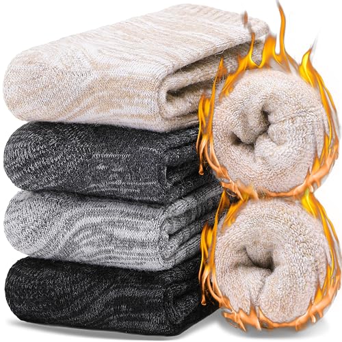 EBMORE Merino Wool Thermal Warm Socks for Women Men Thick Winter Hiking Cozy Crew Comfy Gifts Socks 4 Pairs Stocking Stuffers(Beige/Grey/Dark Grey/Black, L)