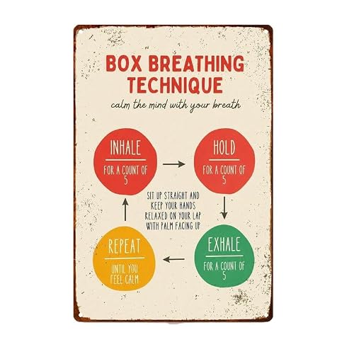 Retro Box Breathing Technique Guide Metal Sign 8x12 Inch Aluminum Mental Health Wellness Wall Art Decor for Home Living Room Bedroom Cafe Garage