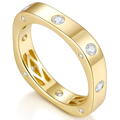 AuraLyric Moissanite Eternity Band Rings for Women, 14K Gold Plated Wedding Band Non Tarnish, Stackable Gold Ring for Everyday Wear, Anniversary Birthday Gift for Wife Size 8.5