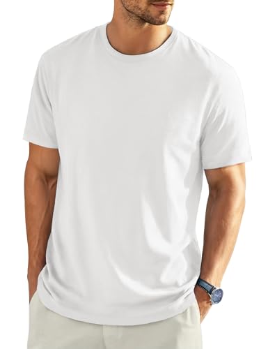 EKLENTSON Mens Short Sleeve Cotton T Shirts Plain Shirts Basic Crew Neck Tee Fitted Pullover Casual White L