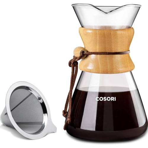 Cosori Pour Over Coffee Maker with Double Layer Stainless Steel Filter, 8-Cup, 34oz, Drip Coffee Maker, Coffee Dripper Brewer, High Heat Resistant Carafe, also for Camping, Hiking