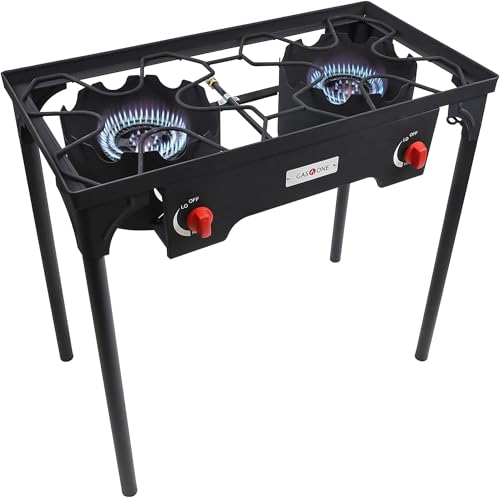 Gas One Propane Double Burner Zwei-Flammen-Campingkocher für den Außenbereich mit hohem Druck, verstellbarer PSI-Regler und 4ft-Schlauch mit abnehmbaren Beinen