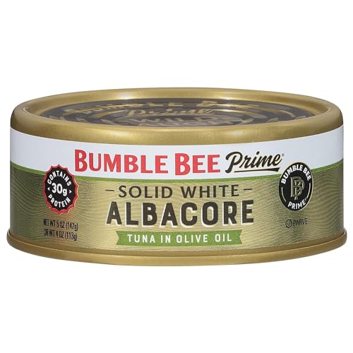 Bumble Bee Prime Solid White Albacore Tuna in Olive Oil, 5 oz Easy Open Can - Premium Wild Caught Tuna - 30g Protein per Serving - Non-GMO Project Verified, Gluten Free, Kosher
