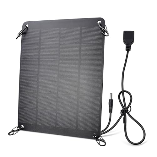 Solar Panel with Metal Hook, 5V 6W High Performance Monocrystalline Module with USB-A Female & DC Male Output, Waterproof Panel for Security Camera,Mobile Phone,Small Fan,Charging Bank,Outdoor