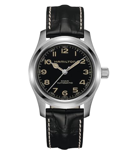 Hamilton Khaki Field Murph Automatic Men's Watch, 42mm Stainless Steel Case, Swiss Made, Black Dial Analog Wrist Watch for Men, 100m Waterproof, Sapphire Crystal, Cow Leather Strap