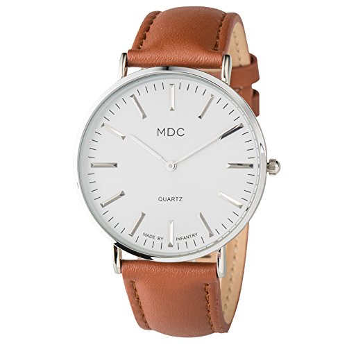 Infantry MDC Mens Minimalist Dress Watch, White Dial, Brown Leather Band
