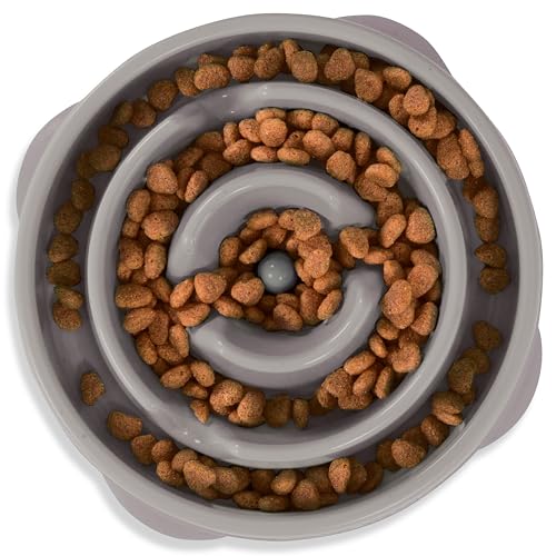 Outward Hound Fun Feeder Slo Bowl – Medium 2‑Cup Capacity, Slow Feeding, Small to Medium Dogs & Cats, Non‑Slip, Gray, Drop Pattern