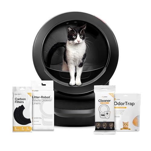 Whisker Litter-Robot 4 Supply Bundle, Black - Bac à litière automatique autonettoyant pour chat, comprend Litter-Robot 4, 3 recharges OdorTrap, 10 liners, 30 lingettes nettoyantes et 2 filtres à charbon