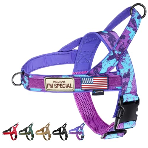 Annchwool No Pull Dog Harness with Soft Padded Handle,Escape Proof and Quick Fit to Adjust Dog Harness,Easy for Training Walking for Small & Medium and Large Dogs(Camo Purple,L)