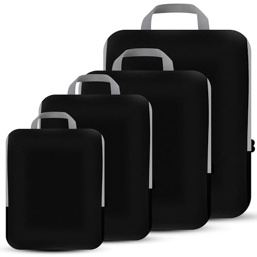 PANDA JOYS 4 Set Compression Packing Cubes Travel - reisaccessoires, uitbreidbare packing organizers voor handbagage - essentials bagagehoezen - Zwart