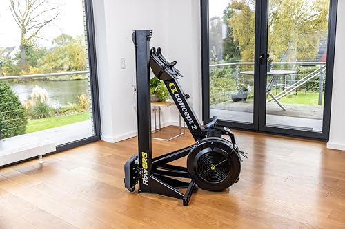 Concept2 RowErg folded for storage with caster wheels
