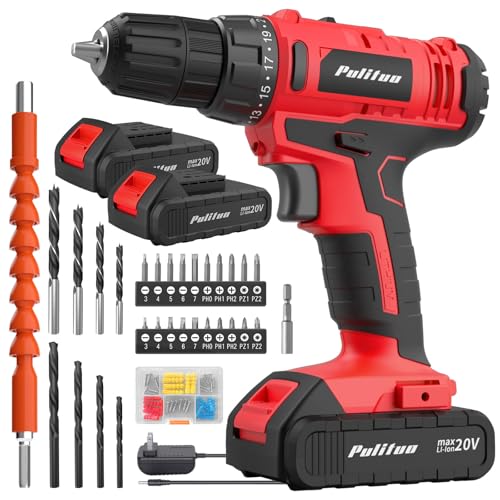 PULITUO 20V Cordless Drill/Driver, 2 Batteries Electric Screwdriver, 30Nm Power Drill Driver, 21+1 Torque, 2 Speed, 3/8"Keyless Chuck, power Drill with LED Light, Drill Driver Kit for Home (Red)