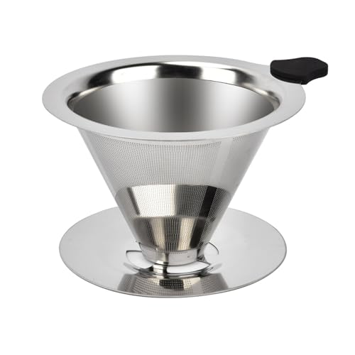 NKOVE Pour Over Coffee Dripper Edelstahl-Wiederverwendbarer Filter, papierloser Cone Coffee Maker Dripper für 1-2 Tassen, Doppelschicht-Filterdesign, rutschfeste Silikongriffe, Reinigungspinsel & Tuch als Bonus
