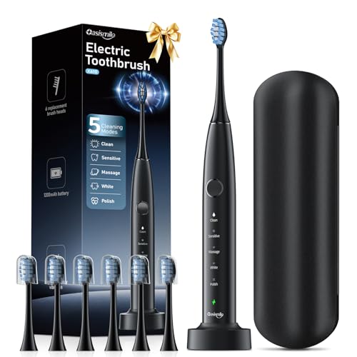 OasiSmile Sonic Electric Toothbrush, 42000 VPM Toothbrush with 6 Brush Heads & Travel Case, 5 Modes with 2 Minutes Built in Smart Timer, Wireless Charging, 100-Day Battery Life for Home Travel